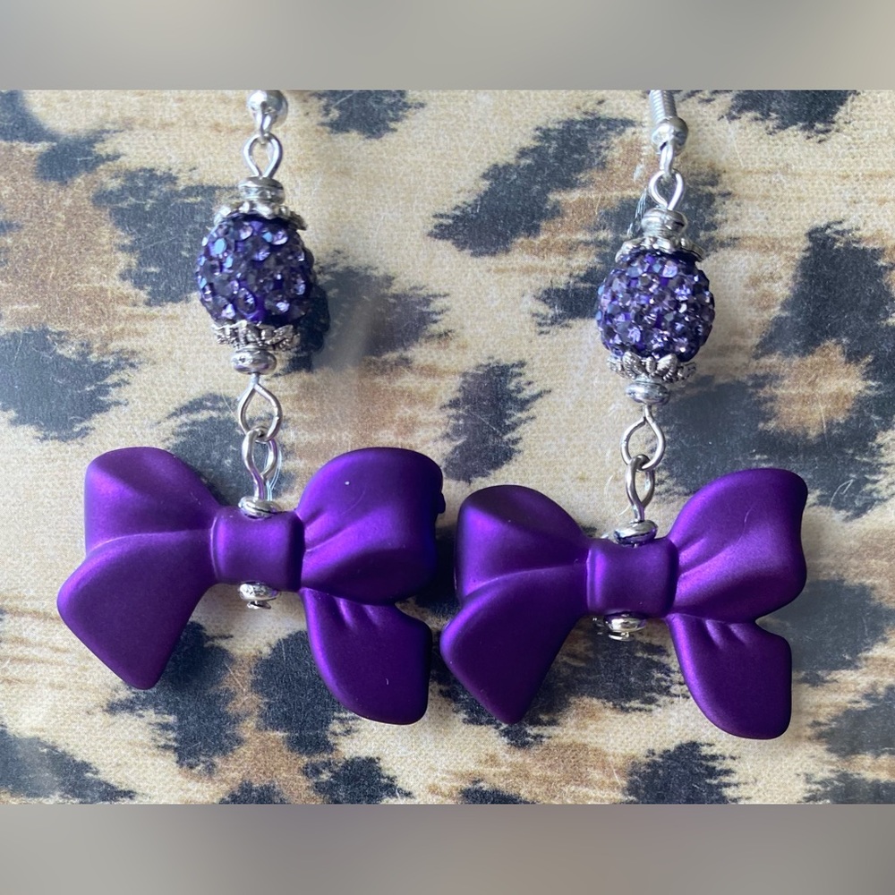 Elegant Purple Bow and Sparkling Rhinestone Earrings